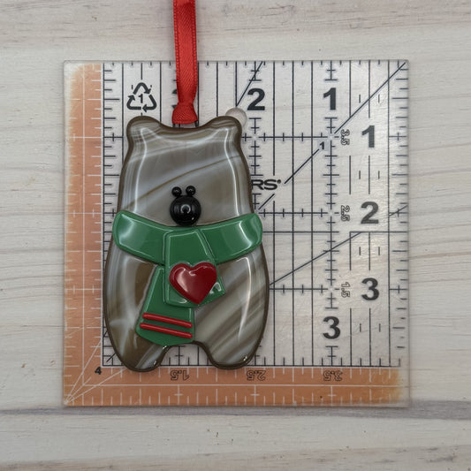 Handmade Fused Glass Brown Bear Ornament – Woodland Christmas Tree Ornament – Holiday Décor – Ready to Ship