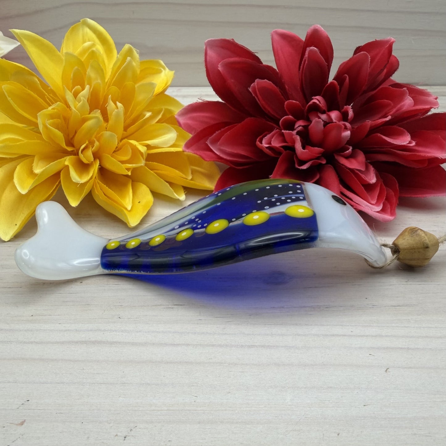Fused Glass Fish Suncatcher – Blue & Yellow Wave Fish – Coastal Glass Art Hanging