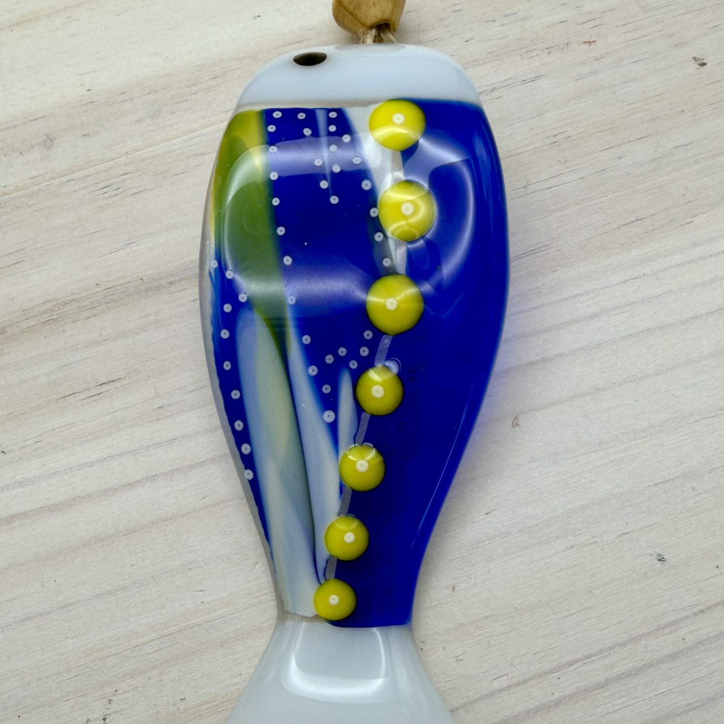 Fused Glass Fish Suncatcher – Blue & Yellow Wave Fish – Coastal Glass Art Hanging