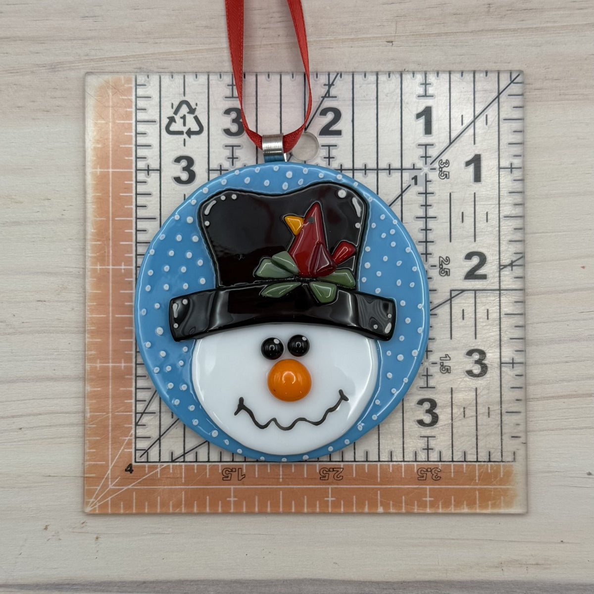 Fused Glass Snowman Ornament with Cardinal on Top Hat