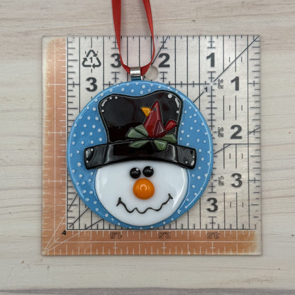 Fused Glass Snowman Ornament with Cardinal on Top Hat