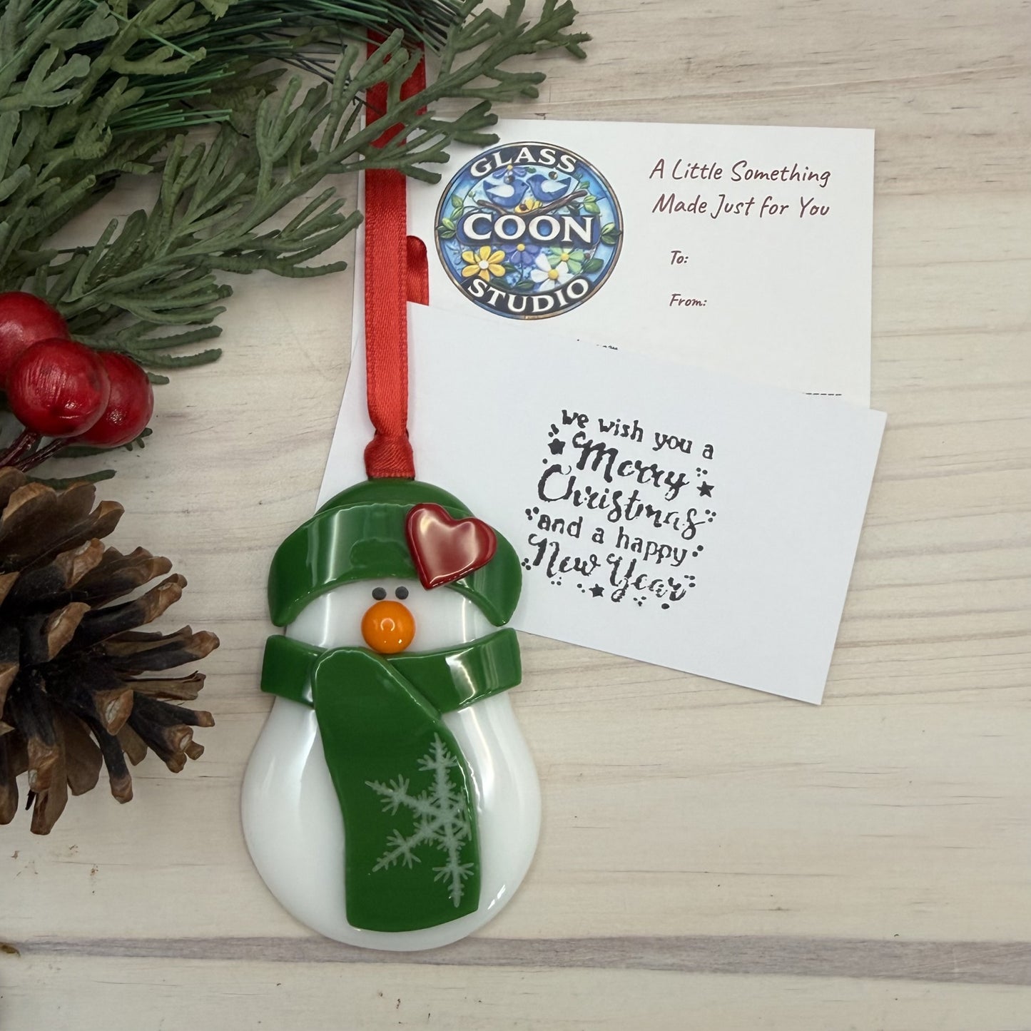 Fused Glass Snowman Ornament with Heart Hat – Handmade Christmas Ornament