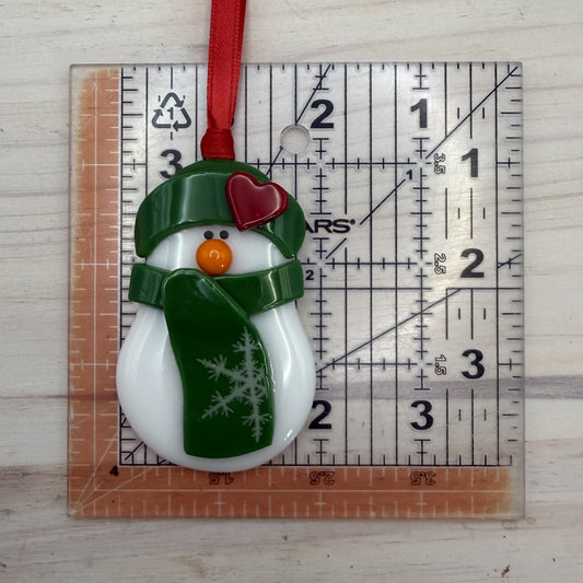 Fused Glass Snowman Ornament with Heart Hat – Handmade Christmas Ornament