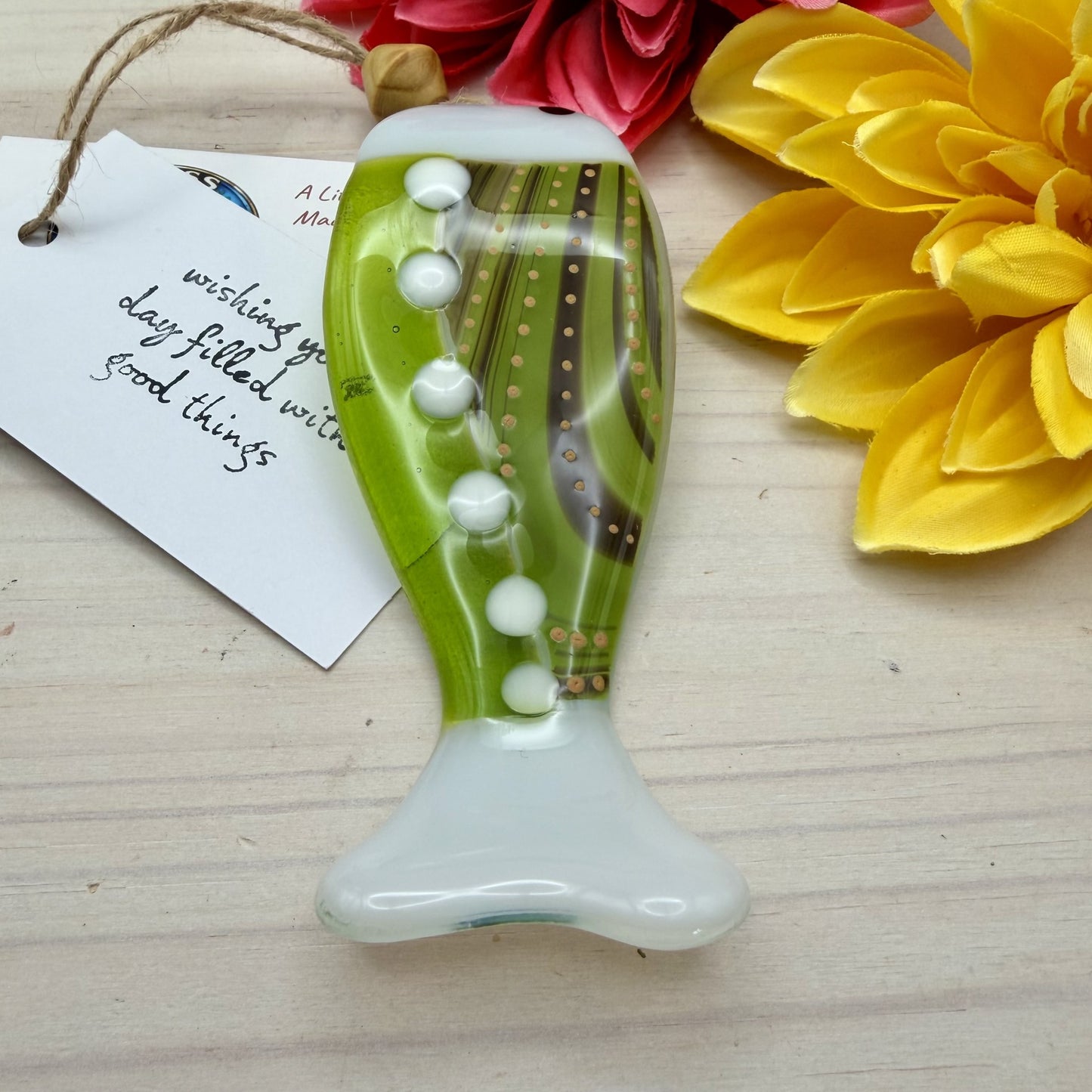 Fused Glass Fish Suncatcher – Wave Shaped Lime Green Fish – Handmade Coastal Glass Art Gift