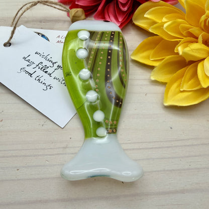Fused Glass Fish Suncatcher – Wave Shaped Lime Green Fish – Handmade Coastal Glass Art Gift