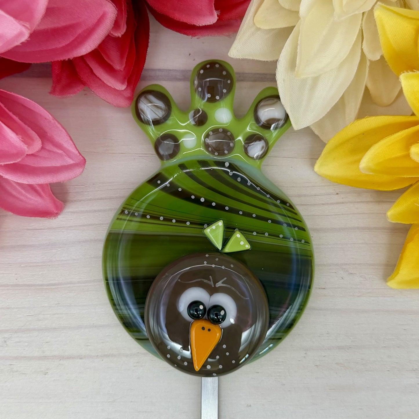 Fused Glass Whimsical Lime Green Bird Garden Stake – Polka Dot Plant Stake Decor