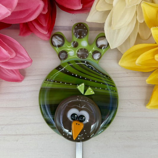Fused Glass Whimsical Lime Green Bird Garden Stake – Polka Dot Plant Stake Decor