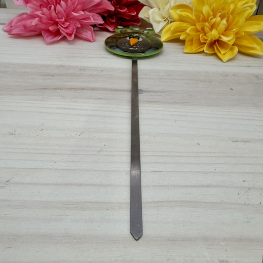 Fused Glass Whimsical Lime Green Bird Garden Stake – Polka Dot Plant Stake Decor
