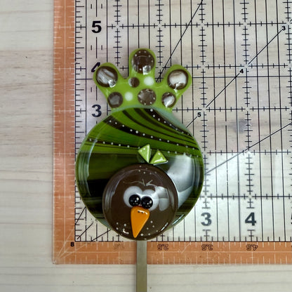 Fused Glass Whimsical Lime Green Bird Garden Stake – Polka Dot Plant Stake Decor