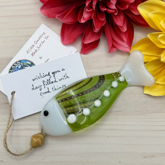 Fused Glass Fish Suncatcher – Wave Shaped Lime Green Fish – Handmade Coastal Glass Art Gift