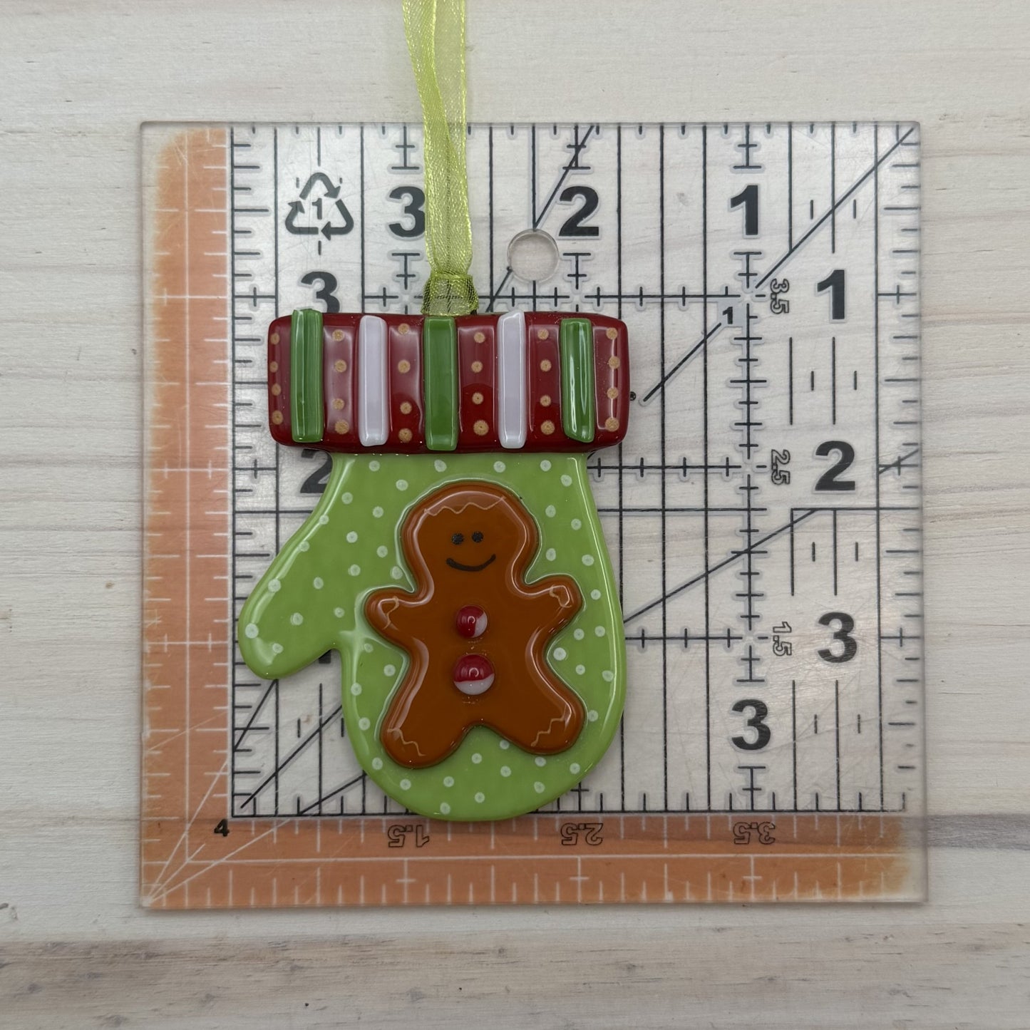 Handmade Fused Glass Gingerbread Mitten Ornament – Lime Green Christmas Ornament – "Jingle All The Way"
