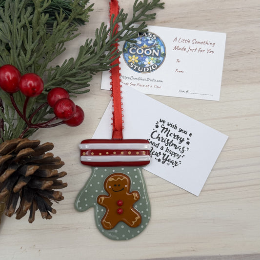Handmade Fused Glass Gingerbread Mitten Ornament – Sage Green Christmas Ornament