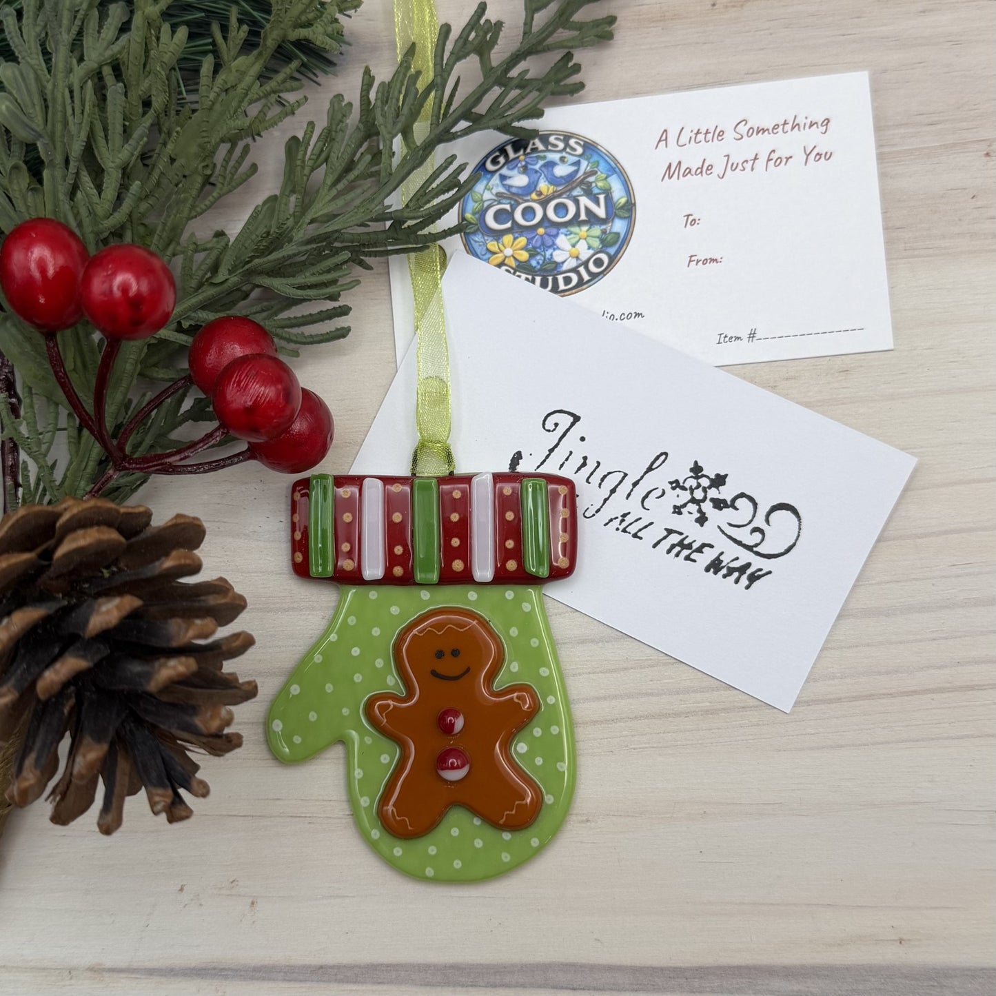 Handmade Fused Glass Gingerbread Mitten Ornament – Lime Green Christmas Ornament – "Jingle All The Way"