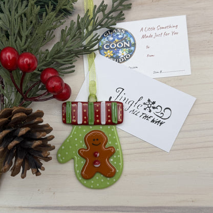 Handmade Fused Glass Gingerbread Mitten Ornament – Lime Green Christmas Ornament – "Jingle All The Way"
