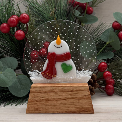 Fused Glass Snowman Snow Globe with Oak Display Stand – Winter Decor