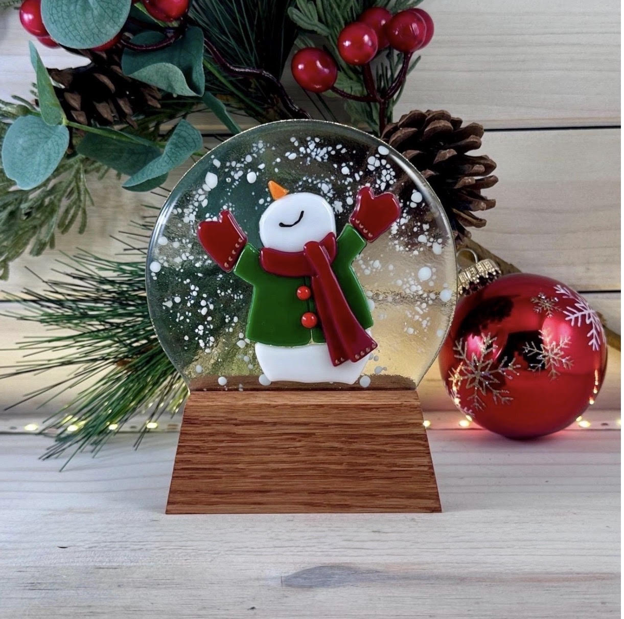 Oak Wood Display Stand: Fused and Stained Glass Snow Globe Holder