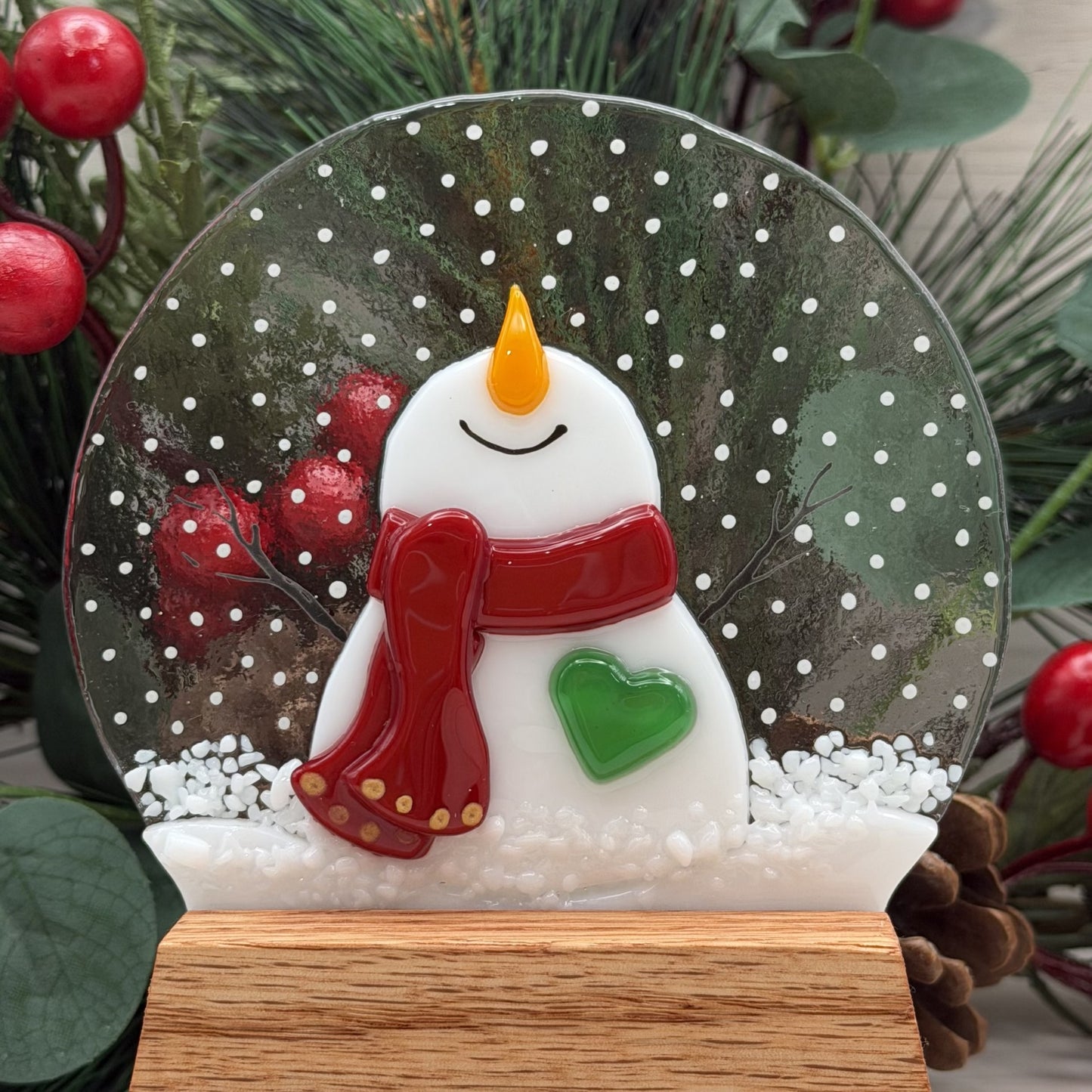 Fused Glass Snowman Snow Globe with Oak Display Stand – Winter Decor