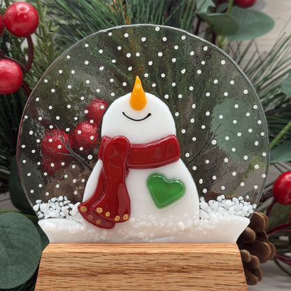 Fused Glass Snowman Snow Globe with Oak Display Stand – Winter Decor