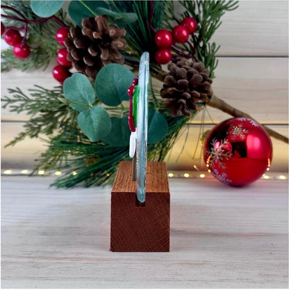 Oak Wood Display Stand: Fused and Stained Glass Snow Globe Holder