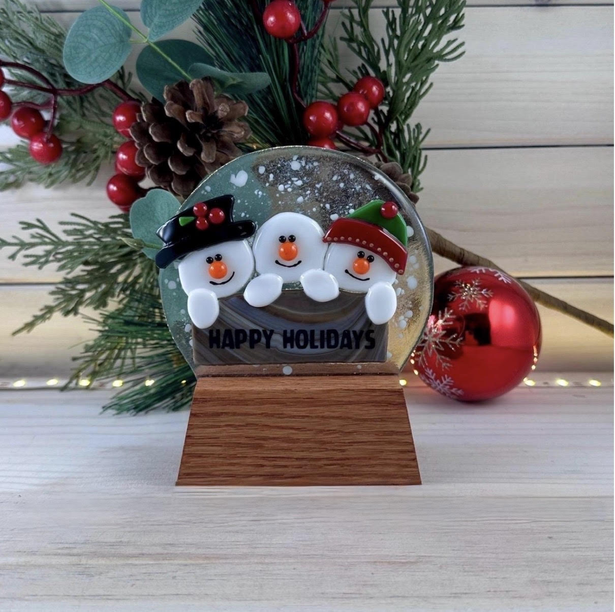 Oak Wood Display Stand: Fused and Stained Glass Snow Globe Holder