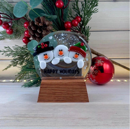 Oak Wood Display Stand: Fused and Stained Glass Snow Globe Holder