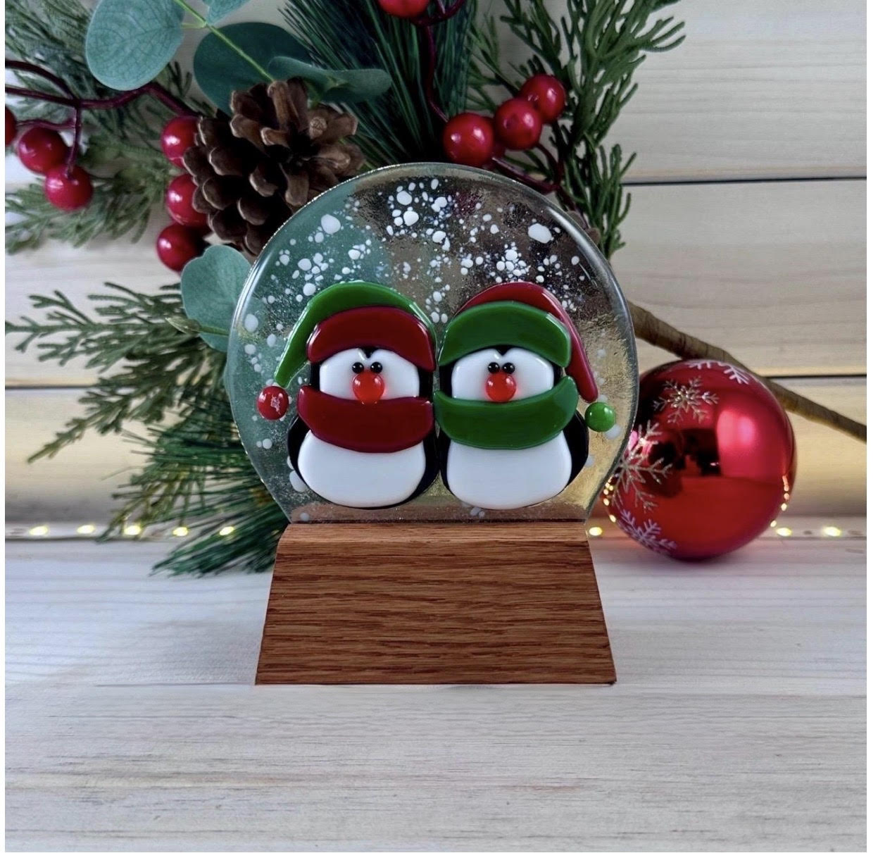 Oak Wood Display Stand: Fused and Stained Glass Snow Globe Holder