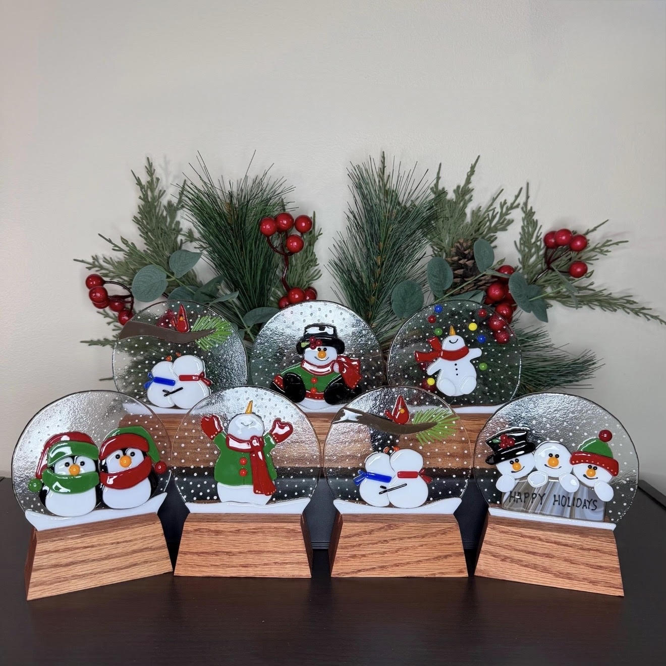 Oak Wood Display Stand: Fused and Stained Glass Snow Globe Holder