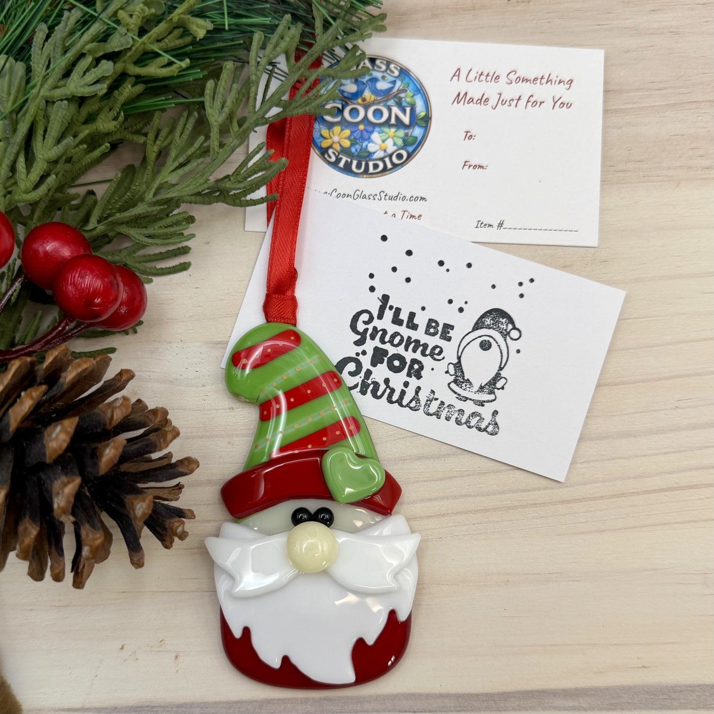 Fused Glass Christmas Gnome Ornament – Handmade Holiday Gnome with Heart Hat