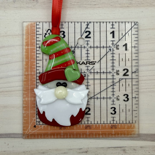 Fused Glass Christmas Gnome Ornament – Handmade Holiday Gnome with Heart Hat