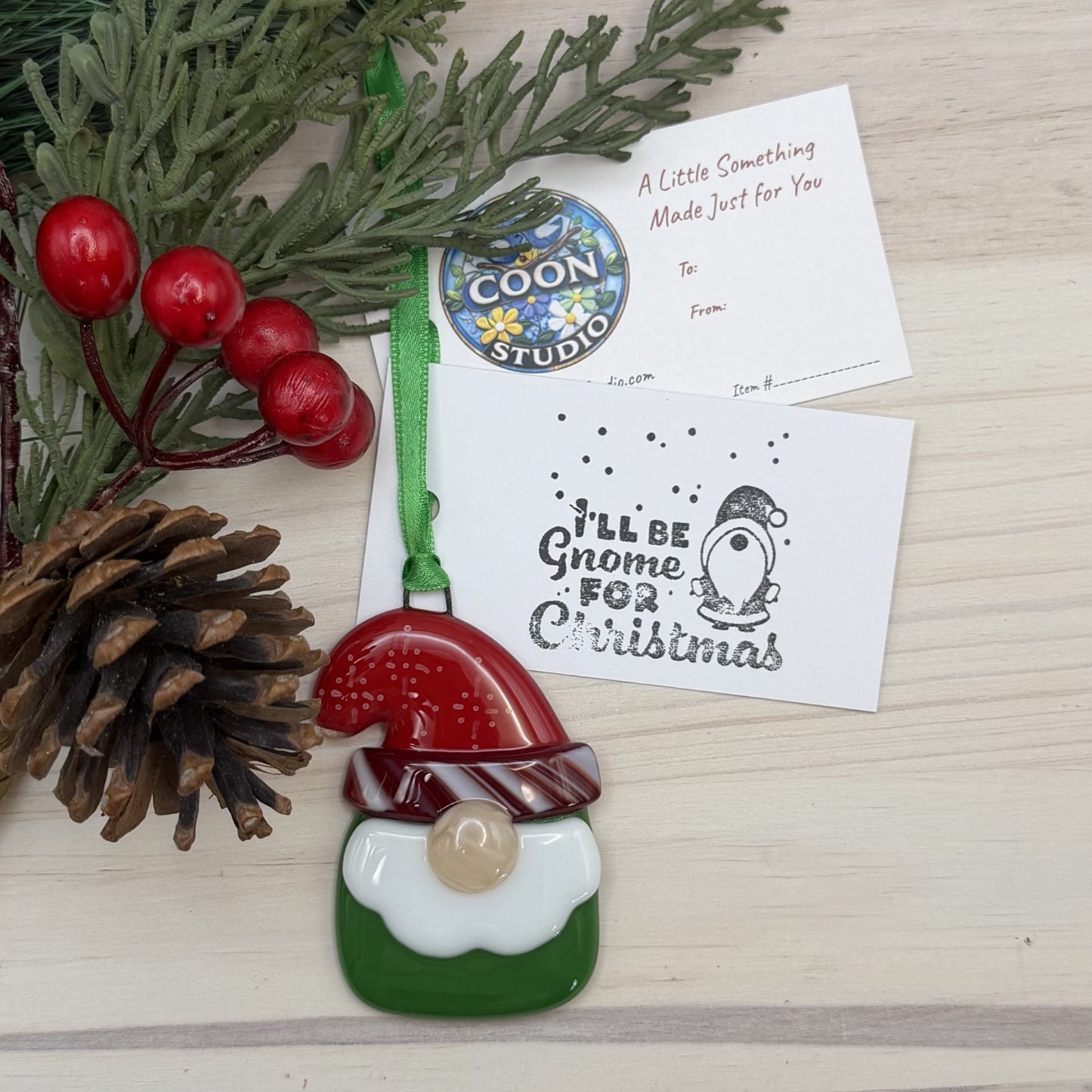 Fused Glass Gnome Ornament – Peppermint Hat Christmas Décor – Handmade Holiday Gift