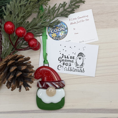 Fused Glass Gnome Ornament – Peppermint Hat Christmas Décor – Handmade Holiday Gift