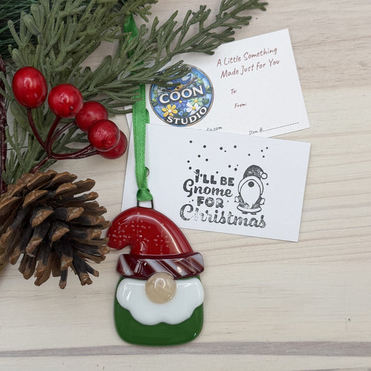 Fused Glass Gnome Ornament – Peppermint Hat Christmas Décor – Handmade Holiday Gift