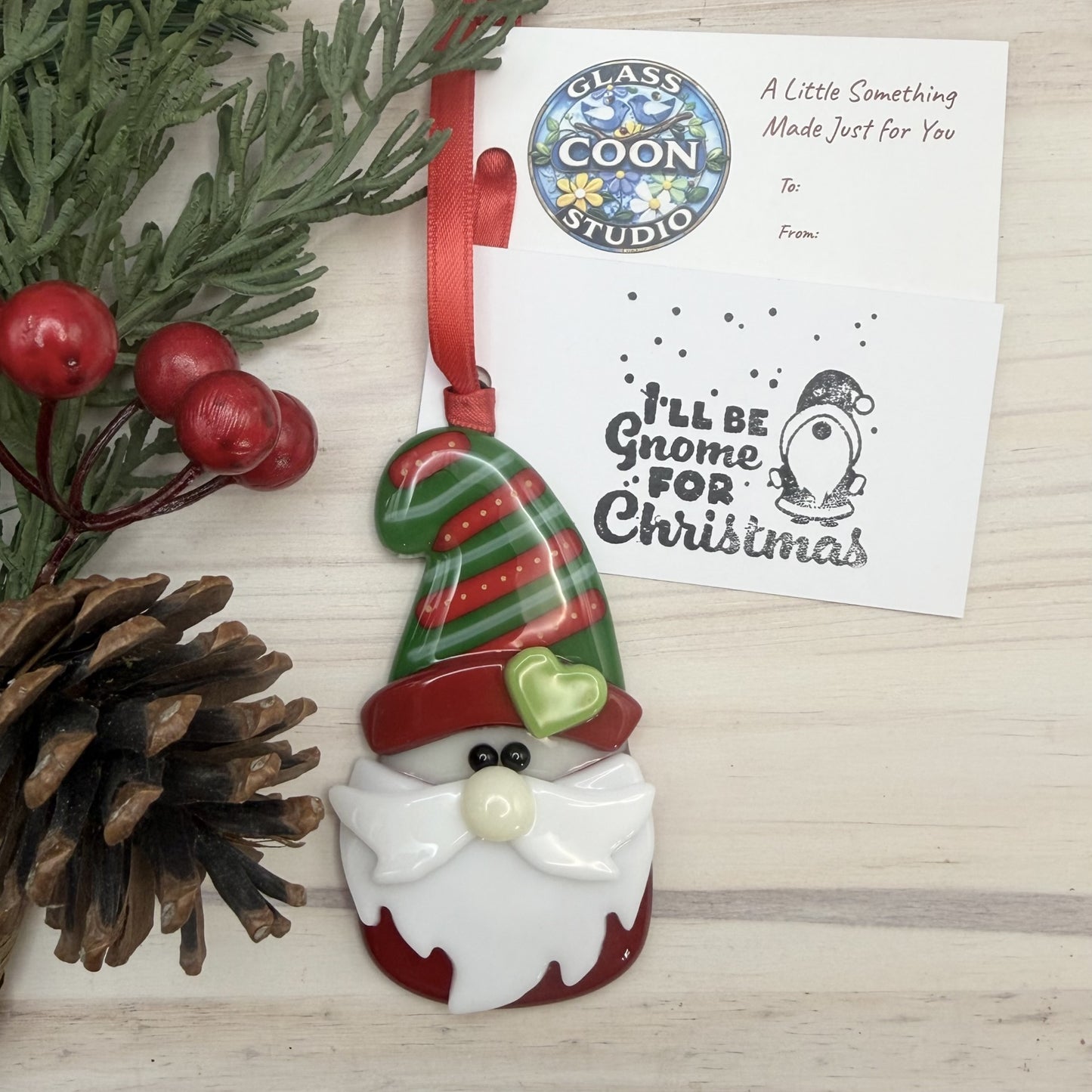Fused Glass Christmas Gnome Ornament with Heart – Handmade Holiday Suncatcher Gift