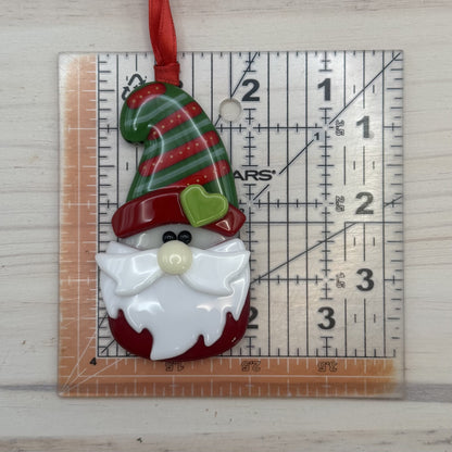 Fused Glass Christmas Gnome Ornament with Heart – Handmade Holiday Suncatcher Gift