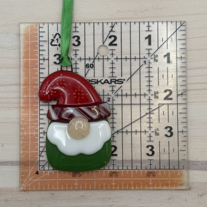 Fused Glass Gnome Ornament – Peppermint Hat Christmas Décor – Handmade Holiday Gift