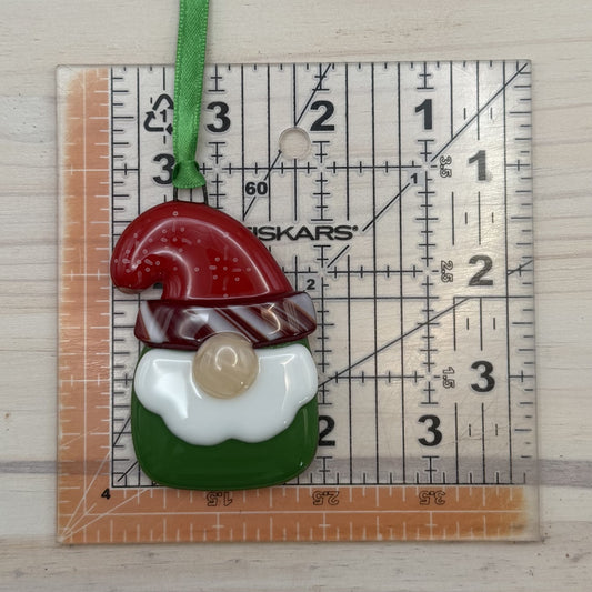 Fused Glass Gnome Ornament – Peppermint Hat Christmas Décor – Handmade Holiday Gift