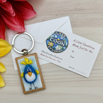Fused Glass Blue Bird Keychain on Beechwood Base – Handmade Bird Lover Gift