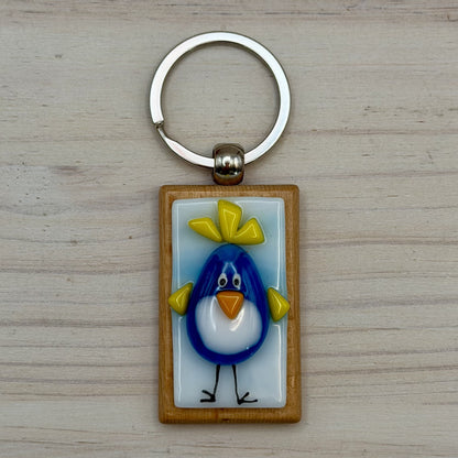 Fused Glass Blue Bird Keychain on Beechwood Base – Handmade Bird Lover Gift