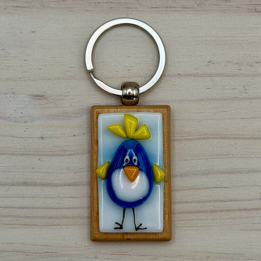 Fused Glass Blue Bird Keychain on Beechwood Base – Handmade Bird Lover Gift