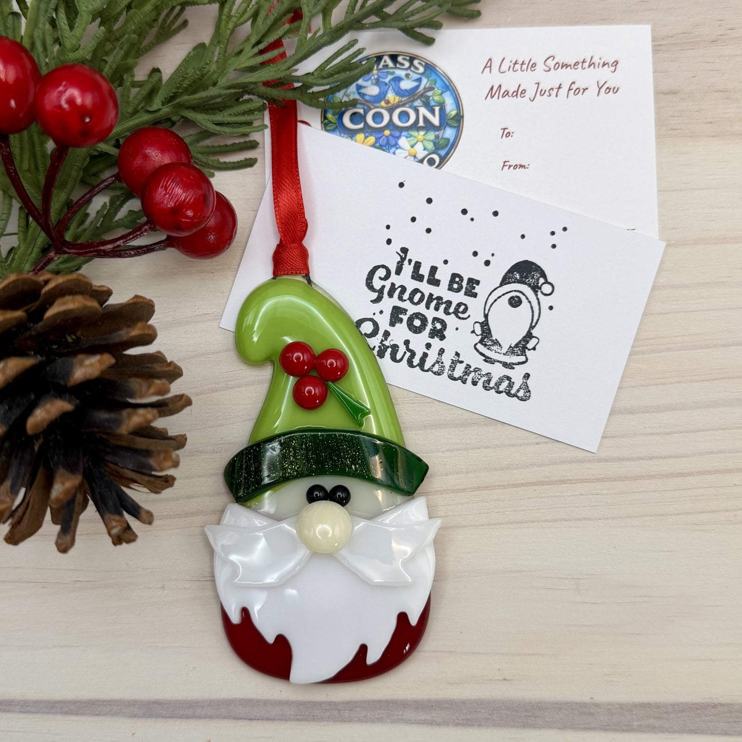 Fused Glass Christmas Gnome Ornament – Handmade Holiday Gnome with Holly Hat