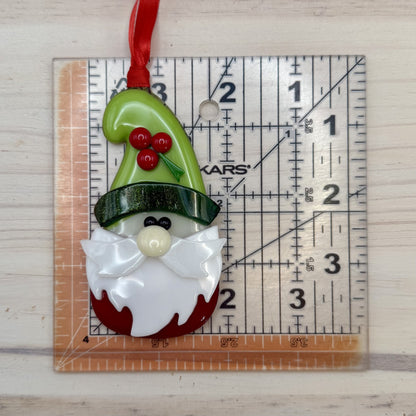 Fused Glass Christmas Gnome Ornament – Handmade Holiday Gnome with Holly Hat