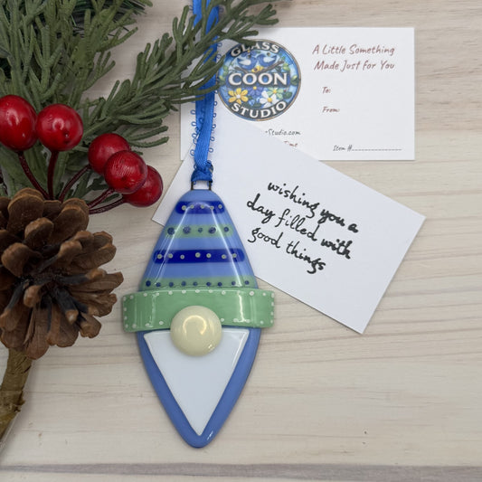 Fused Glass Blue Gnome Diamond Ornament – Handmade Christmas Ornament