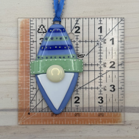 Fused Glass Blue Gnome Diamond Ornament – Handmade Christmas Ornament