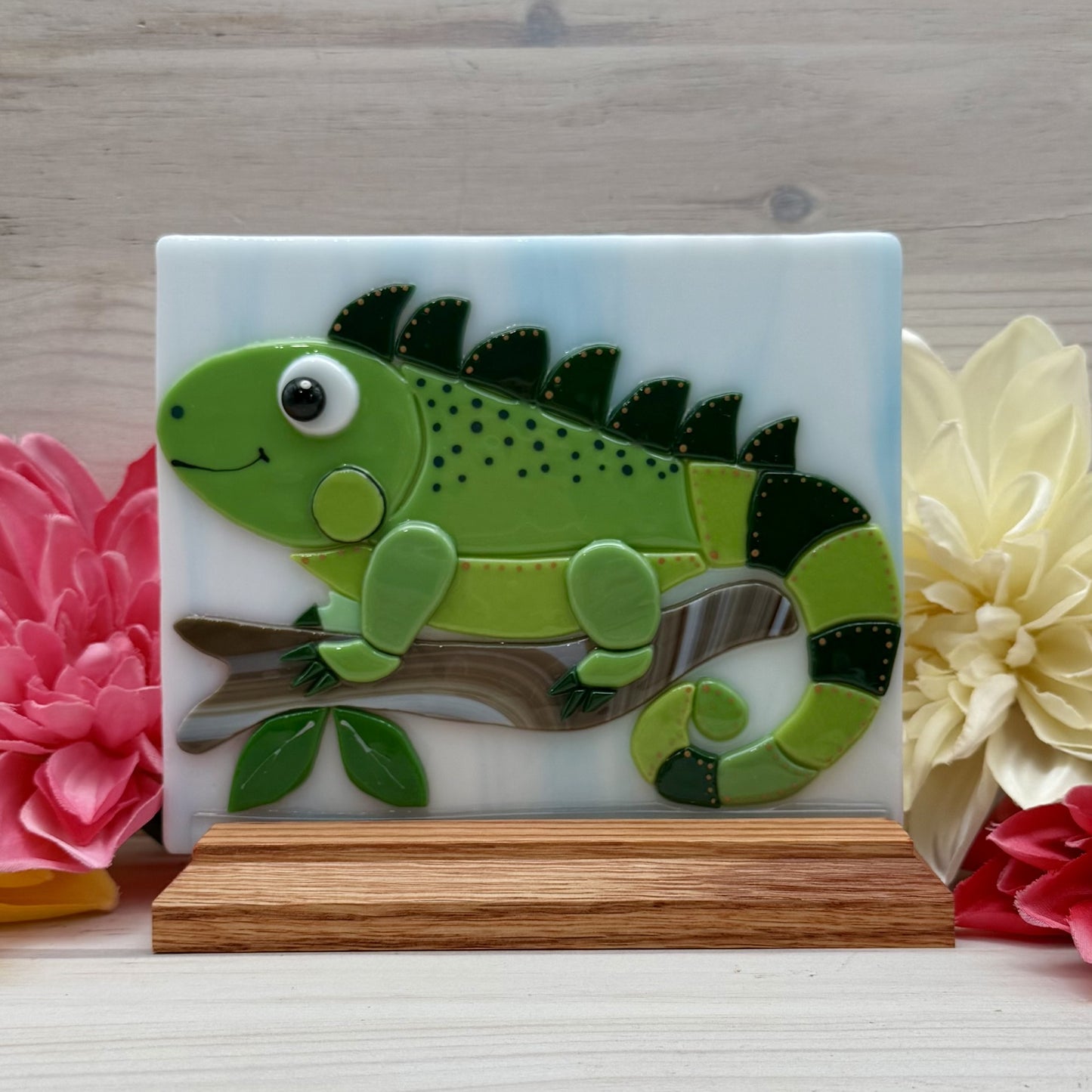 Fused Glass Whimsical Iguana on a Branch Panel with Oak Wood Display Stand