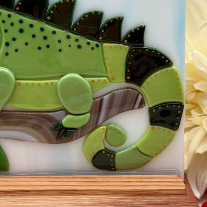 Fused Glass Whimsical Iguana on a Branch Panel with Oak Wood Display Stand