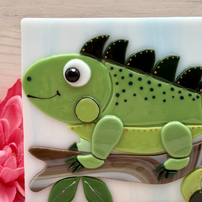 Fused Glass Whimsical Iguana on a Branch Panel with Oak Wood Display Stand