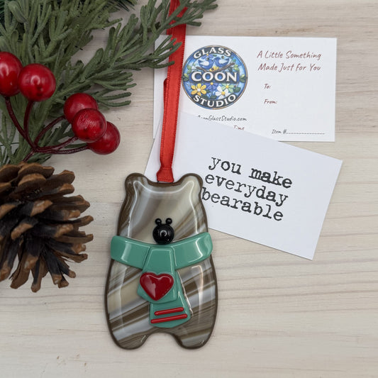Handcrafted Fused Glass Brown Bear Ornament with Jade Scarf and Red Heart – "You Make Everyday Bearable"