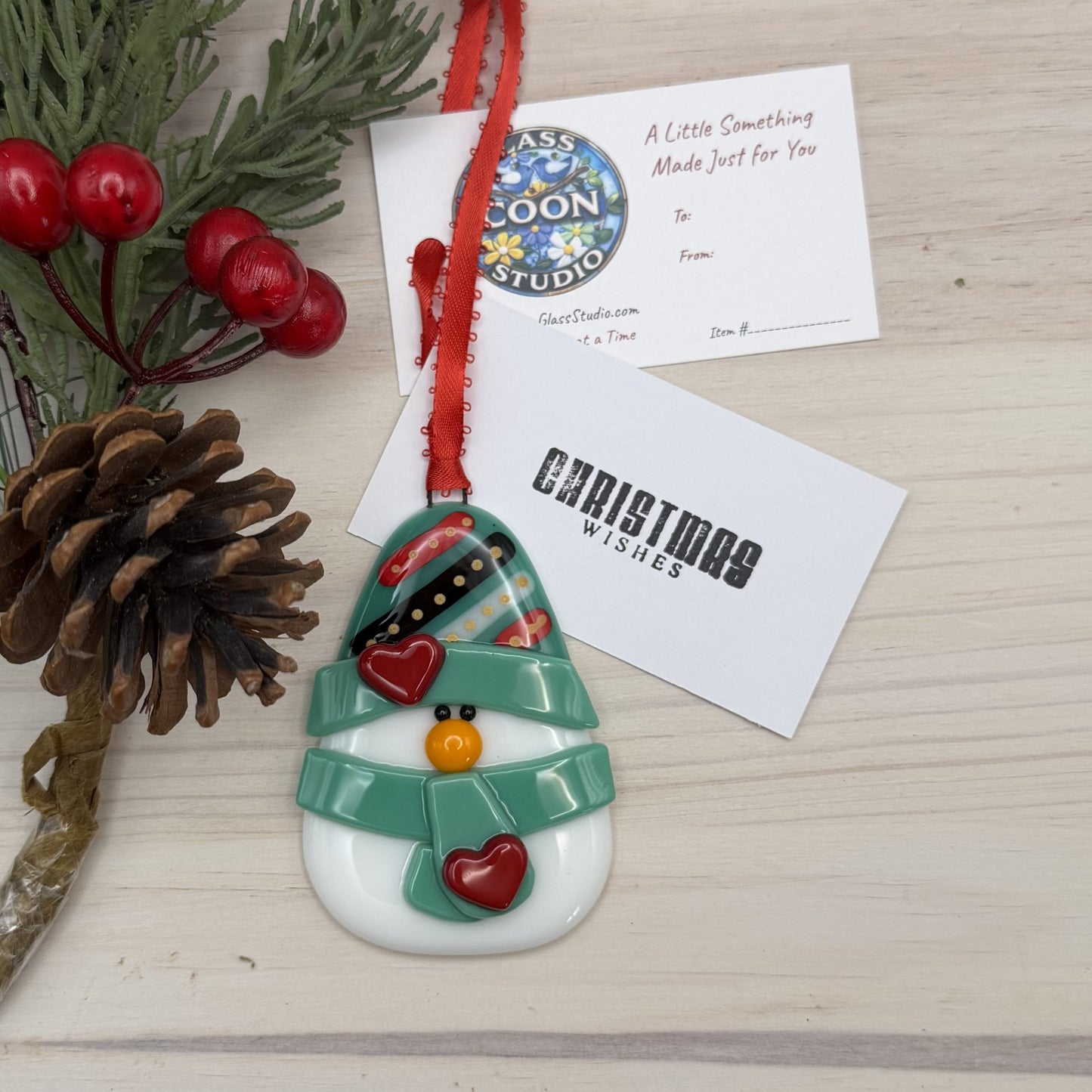 Handmade Fused Glass Snowman Ornament with Heart Accents – Jade Green Christmas Ornament – Ready to Ship