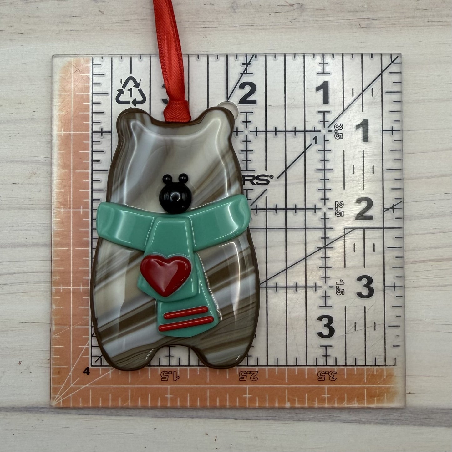 Handcrafted Fused Glass Brown Bear Ornament with Jade Scarf and Red Heart – "You Make Everyday Bearable"