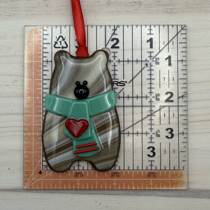 Handcrafted Fused Glass Brown Bear Ornament with Jade Scarf and Red Heart – "You Make Everyday Bearable"